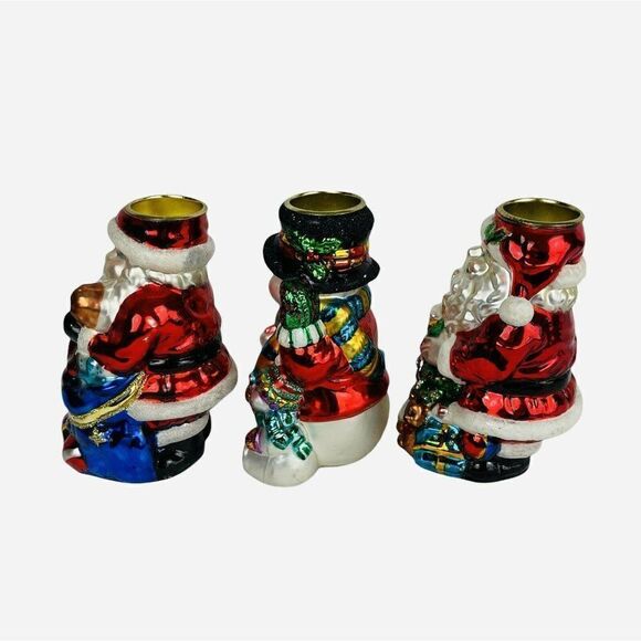 Traditions Blown Glass Christmas Tea Light Candle Holder Set of 3 Santa Snowman - Picture 5 of 12